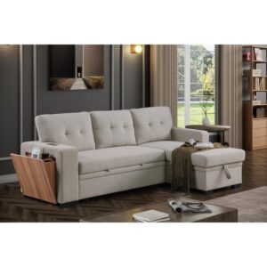 Devion Furniture Fabric Reversible Modern Side Compartment Sleeper Sectional Sofa Bed Light Gray