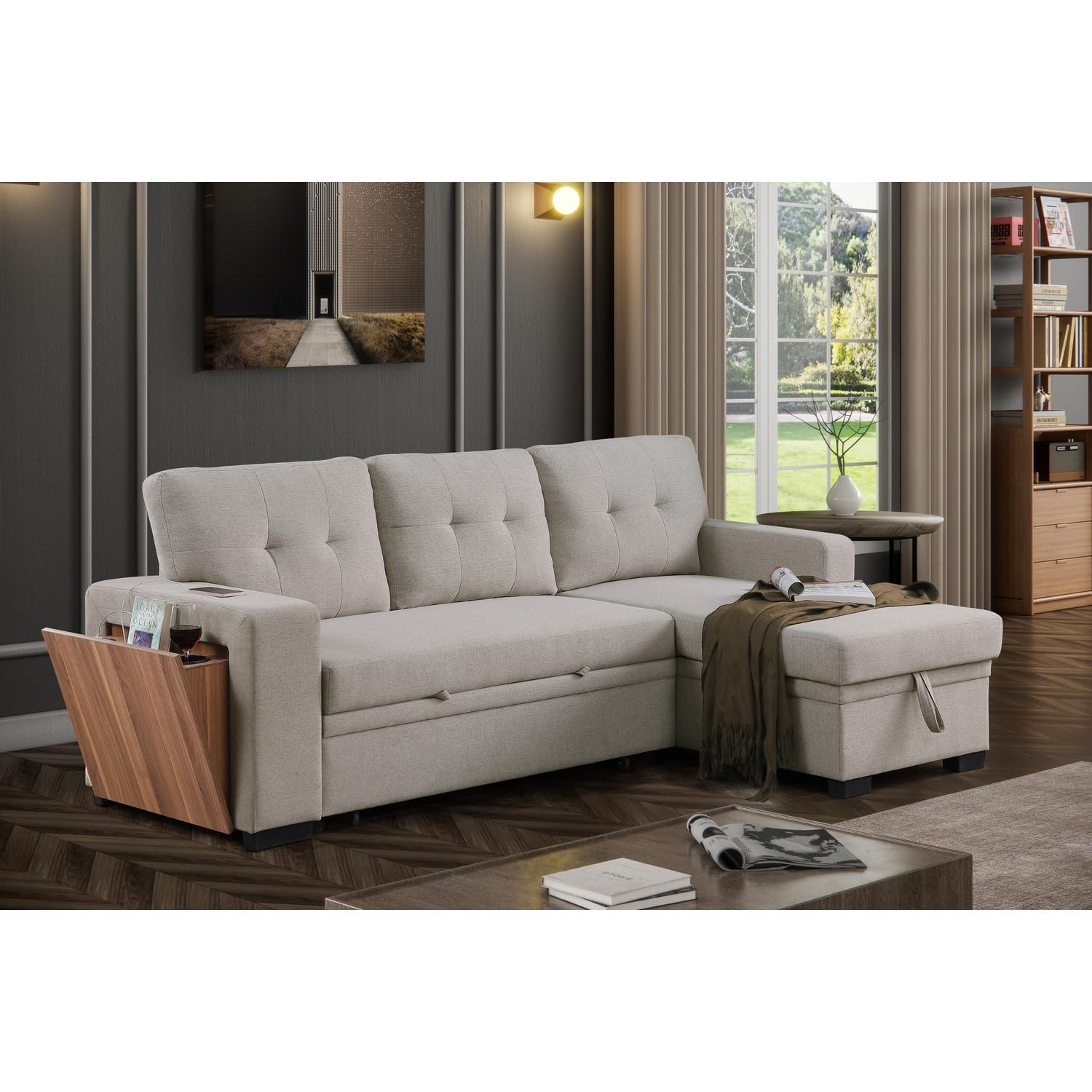 Devion Furniture Fabric Reversible Modern Side Compartment Sleeper Sectional Sofa Bed Light Gray