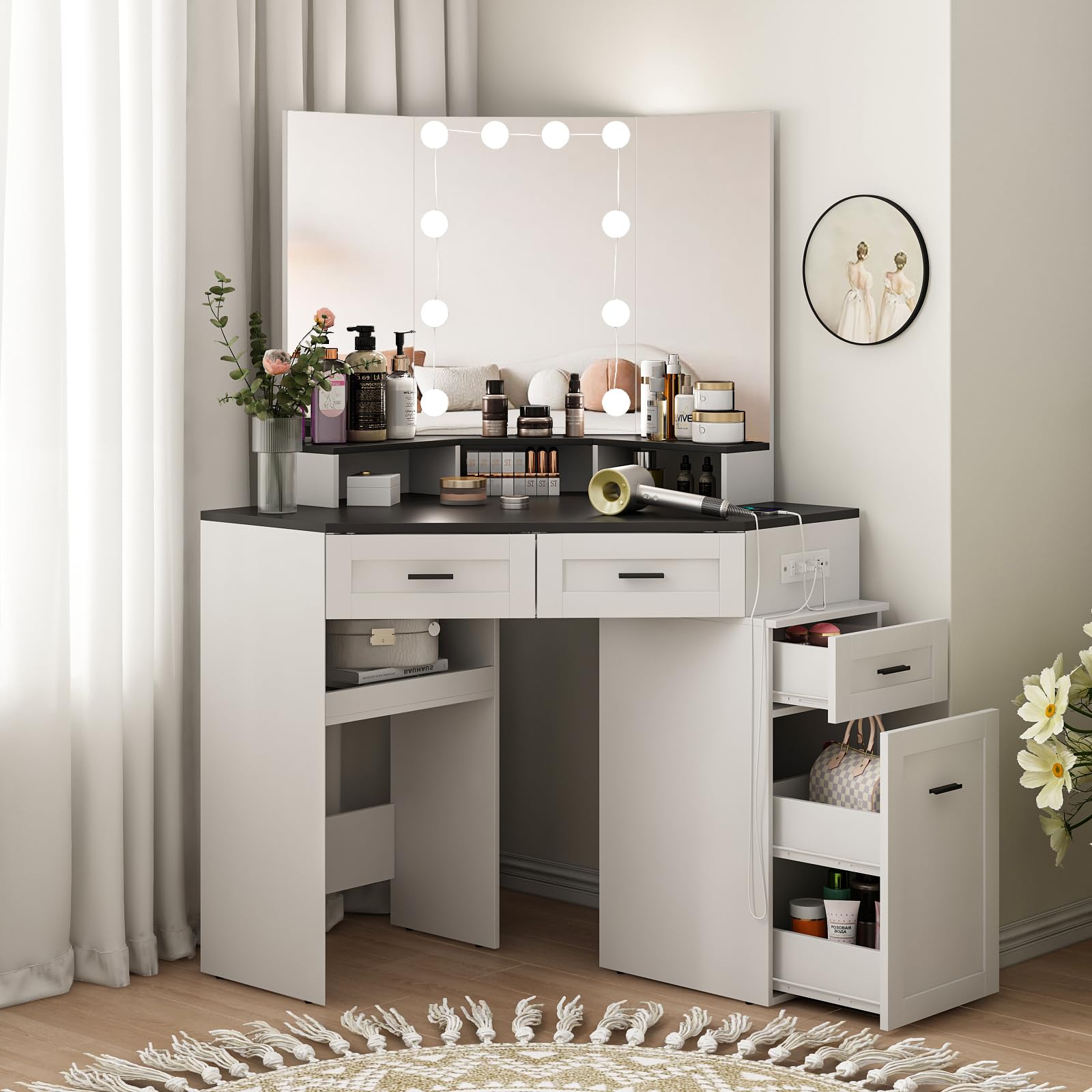 Fameill Corner Vanity Desk with Tri-Fold Mirror and Adjustable Light, Makeup Dressing Table with Power Outlet, 3 Drawers, Sliding Cabinet, Open Shelves, White Vanity Desk for Bedroom, Women, and Girls