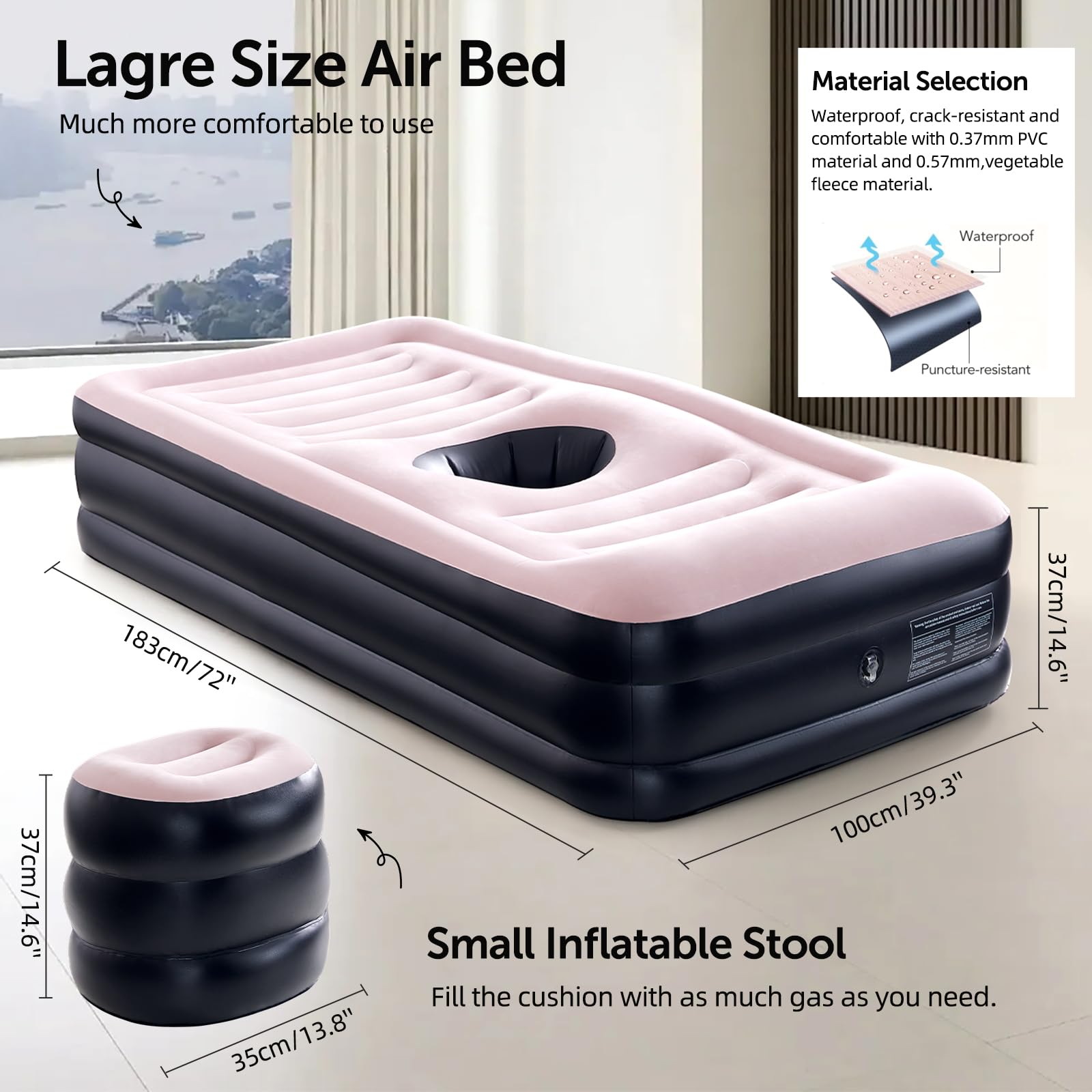 Neoflavie New Upgraded BBL Bed with Hole-Inflatable BBL Bed After Surgery,Brazilian Butt Lift Surgery Recovery Mattress with Carrying Bag & Air Pump,Waterproof Plant Velvet Touch for Relax Sleep-Pink