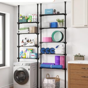 ALLZONE 5-Tier Metal Storage Shelves Organizer, Adjustable Width and Height, Shelving Units and Storage with Tension Mount, Versatile for Kitchen Shelves, Closet Shelves, Laundry Room Shelves, Black