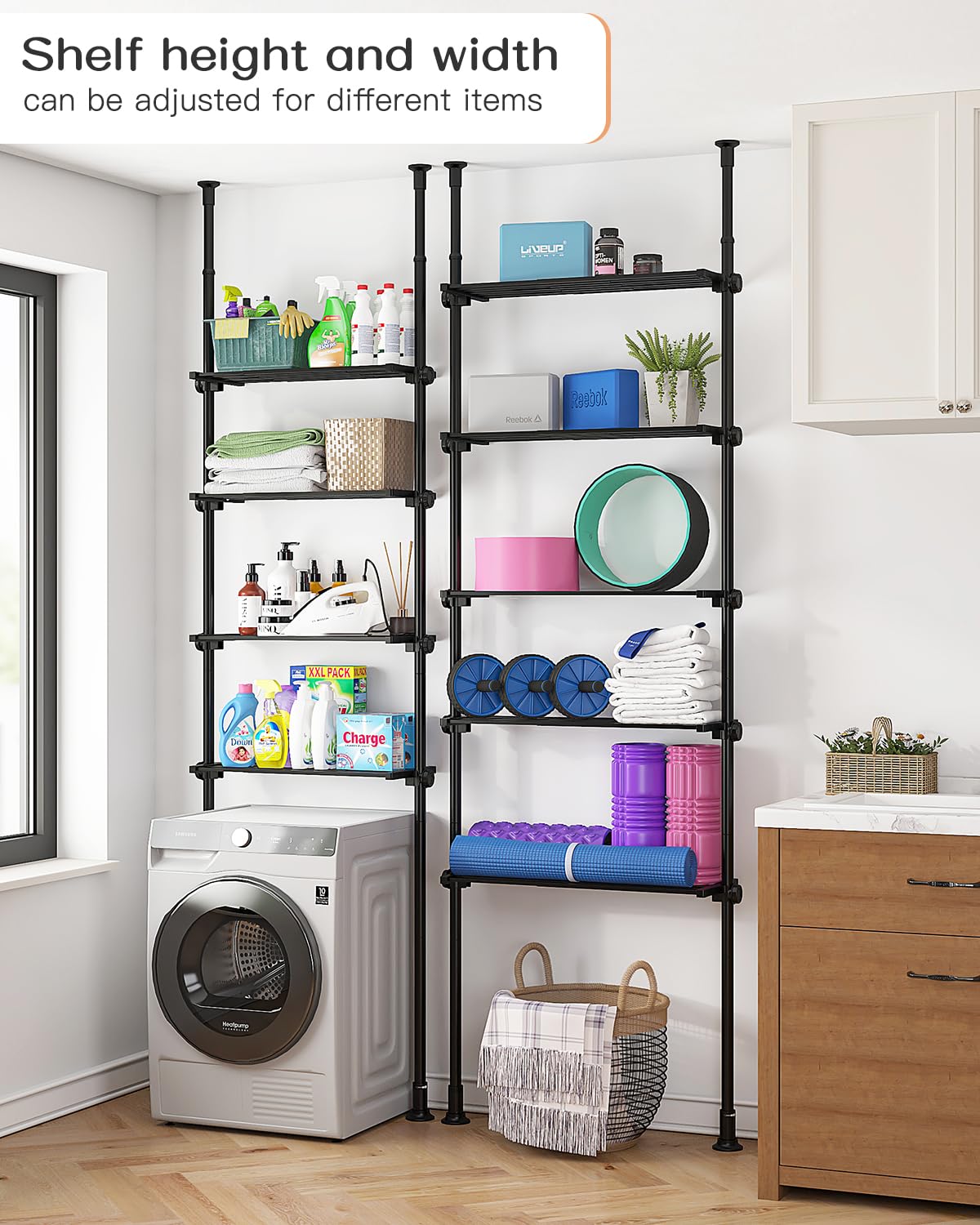 ALLZONE 5-Tier Metal Storage Shelves Organizer, Adjustable Width and Height, Shelving Units and Storage with Tension Mount, Versatile for Kitchen Shelves, Closet Shelves, Laundry Room Shelves, Black