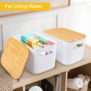 2 Packs Storage Bins with Bamboo Lids,Plastic Stackable Storage Containers,Storage Box Storage Baskets Lidded Organizer Bins for Shelves Drawers Desktop Closet Playroom Classroom Office (Green)