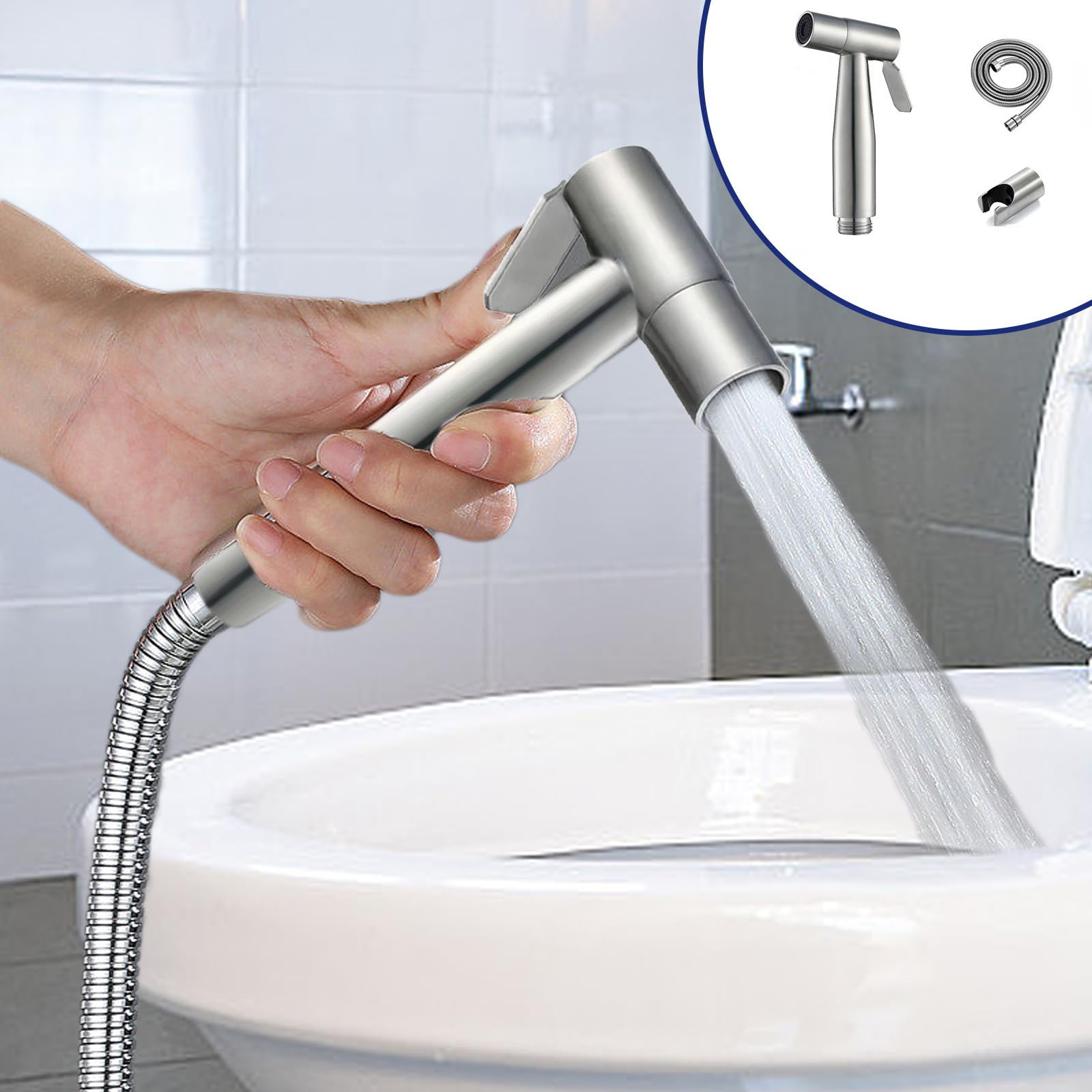 Hand Helds Bidet Sprayer with 5FT Hose, Adjustable Water Pressure Control Sprayer for Toilet Bathroom Cloth, Toilet Bidet Sprayer for Intimates Care Baby Wash Bathroom Yard Accessories (Silver)