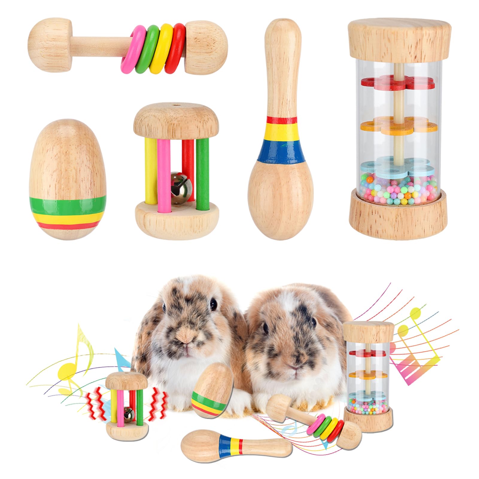 MEWTOGO 5 Pcs Wooden Bunny Toys - Safe Rabbit Toys, Multi-Colored Bite-Resistant Guinea Pigs Toys for Chinchillas Hamsters Small Animals Playing Indoor Outdoor Bunny Gifts