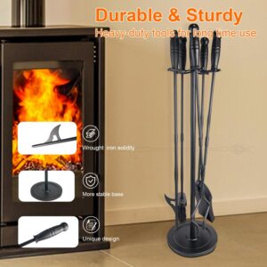 VODA Fireplace Tools Set 5 Pcs 31In Cast Iron Fireplace Tools Indoor Fireside Accessories Large Fire Place Tool Set Outdoor Holder Fire Kit with Poker Shovel Tongs Brush, Stand