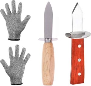 oyster shucking knife set , oyster knife opener 2 stainless steel oyster knifes and 1 pair cut resistant gloves oyster opener kit oyster opener with wood-handle stainless steel for clam shellfish and seafood