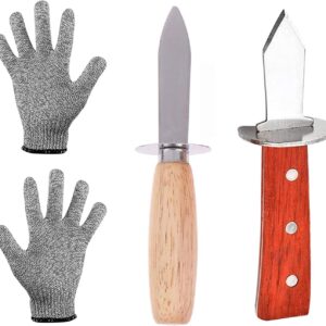 Oyster Shucking Knife Set , Oyster Knife Opener 2 Stainless Steel Oyster Knifes and 1 Pair Cut Resistant Gloves Oyster Opener Kit Oyster Opener with Wood-Handle Stainless Steel for Clam Shellfish and Seafood