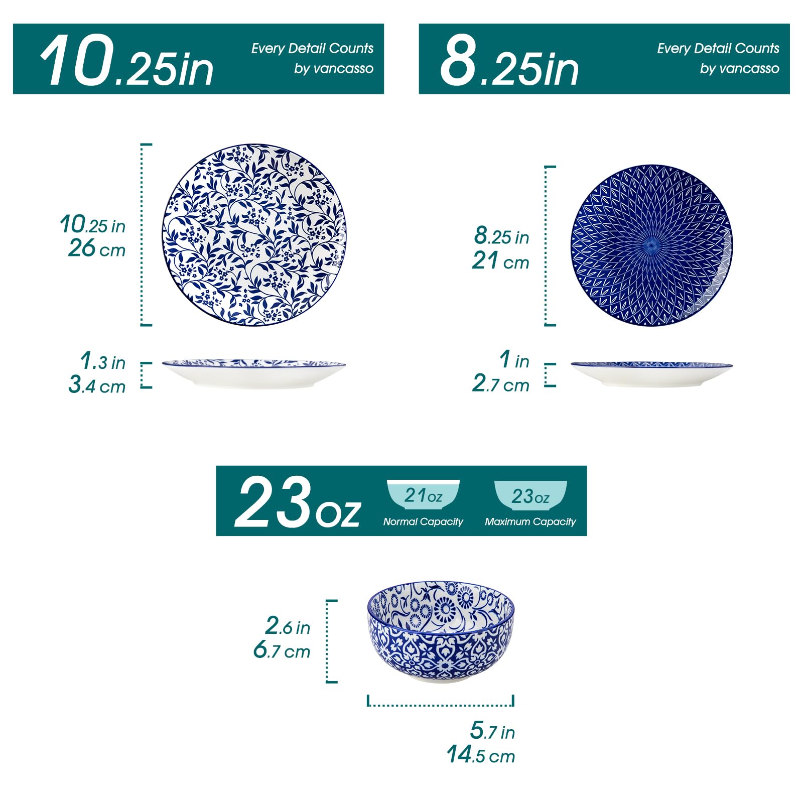 vancasso SELENE Plates and Bowls Set for 4, 12 Pieces Dinnerware Sets, Mircowave and Dishwasher Safe Dishes Set, Porcelain Blue Kitchen Set