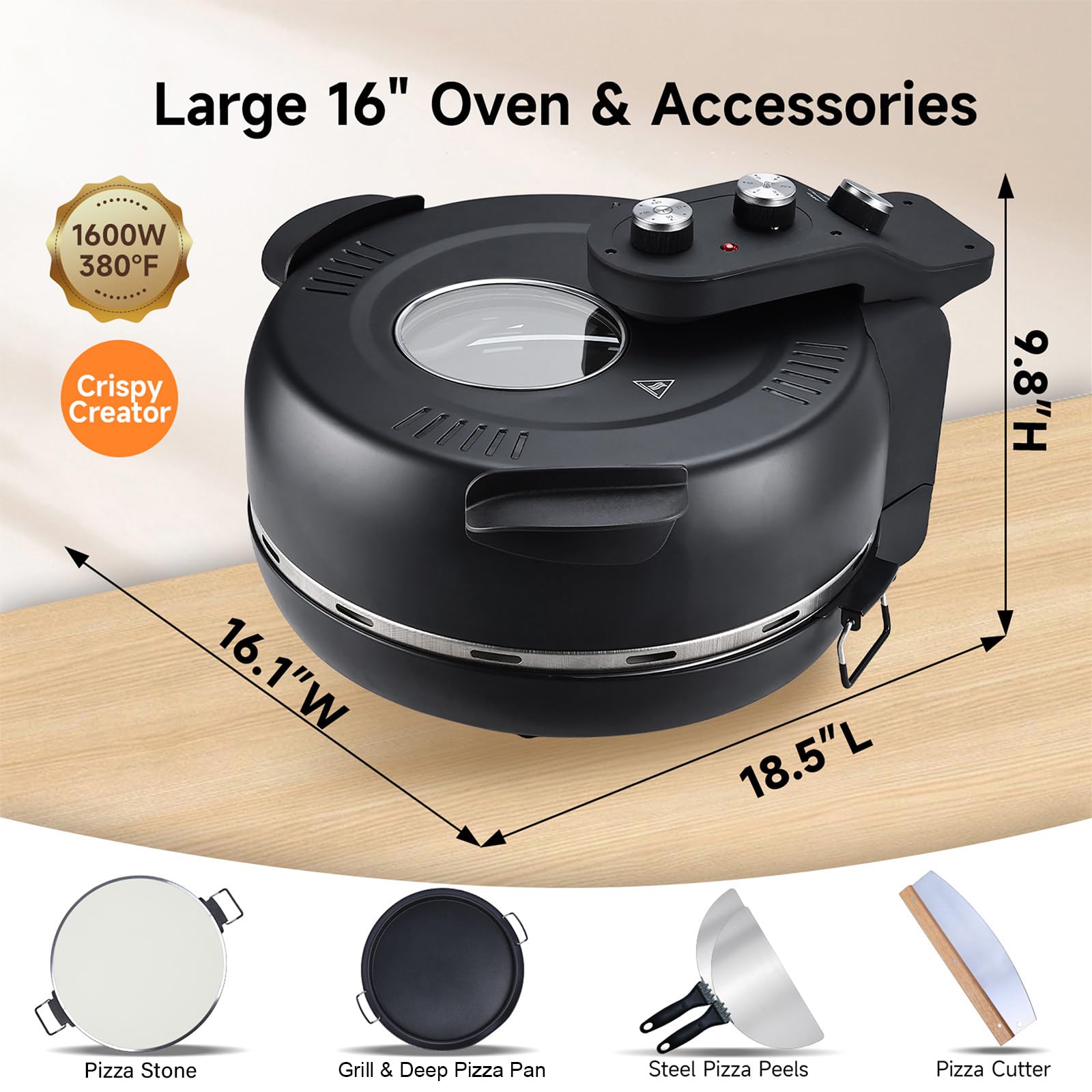 Upgrade Davivy 16" Large Indoor Pizza Oven with Pizza Stone & Grill Pan, Electric Pizza Cooker Heats up to 380℃, Portable Indoor Pizza Maker Machine for Home with Timer, Window - Black