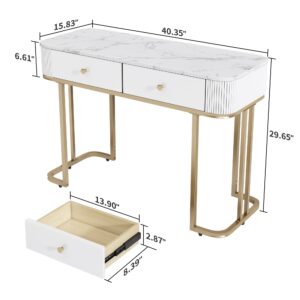 OIOG Console Tables for Entryway, Marble Grain Sofa Table with Stroage, Makeup Dressing Table, Modern Entryway Table with 2 Drawers for Living Room, Hallway, Foyer, Bedroom, White and Gold