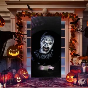 halloween decorations banner backdrop scary joker clown black door cover porch photography background for horror movie theme party hallowmas wall decorations kids photo banner props favors