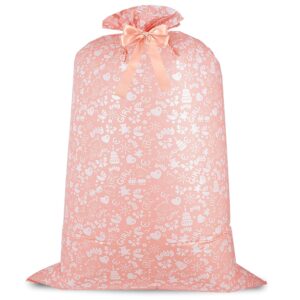 jaywayang extra large plastic gift bag, jumbo baby girl gift bag with ribbon and tag for birthday, baby shower giant gifts wrapping (60" pink)