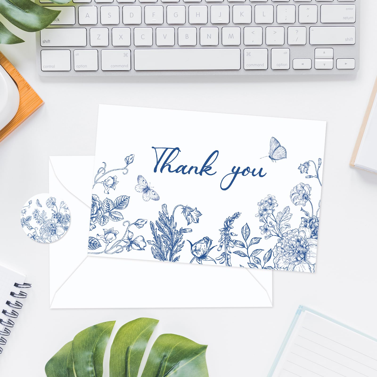 Whaline 32 Packs Floral Thank You Cards Blue White Chinoiserie Flower Greeting Cards Blank Note Cards with Envelopes and Stickers for Wedding Birthday Bridal Shower, 4 x 6 Inch