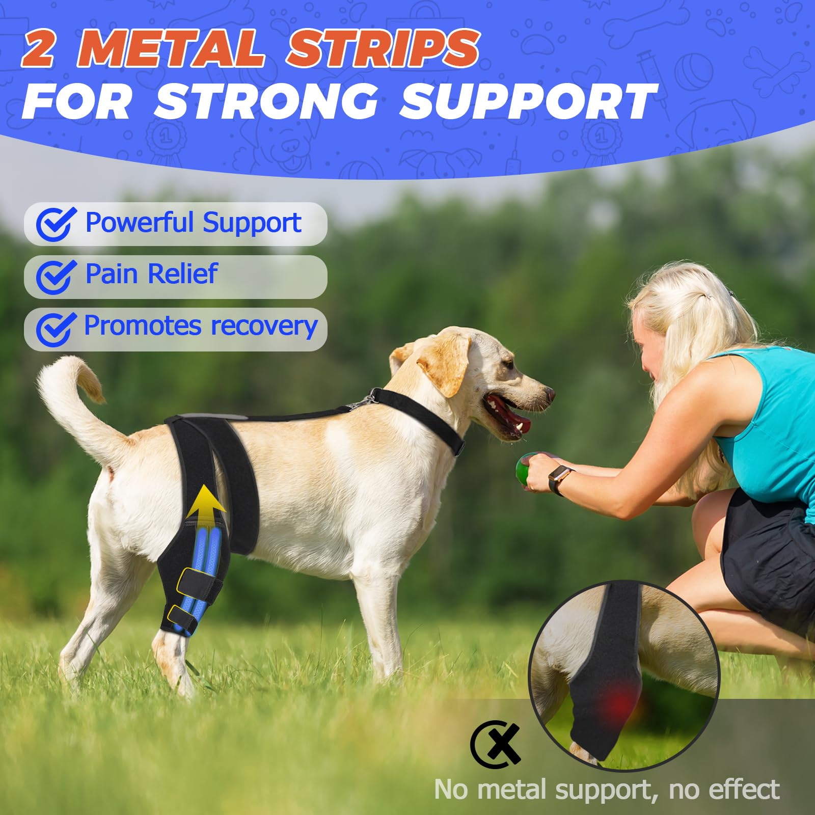 Dog Knee Brace for Torn ACL Hind Leg, Strong Dog Leg Braces for Back or Front Leg with 2 Metal Strips, Adjustable Anti-Slip Dog ACL Hip Brace for Large Medium Small Dogs with Cruciate Ligament Injury