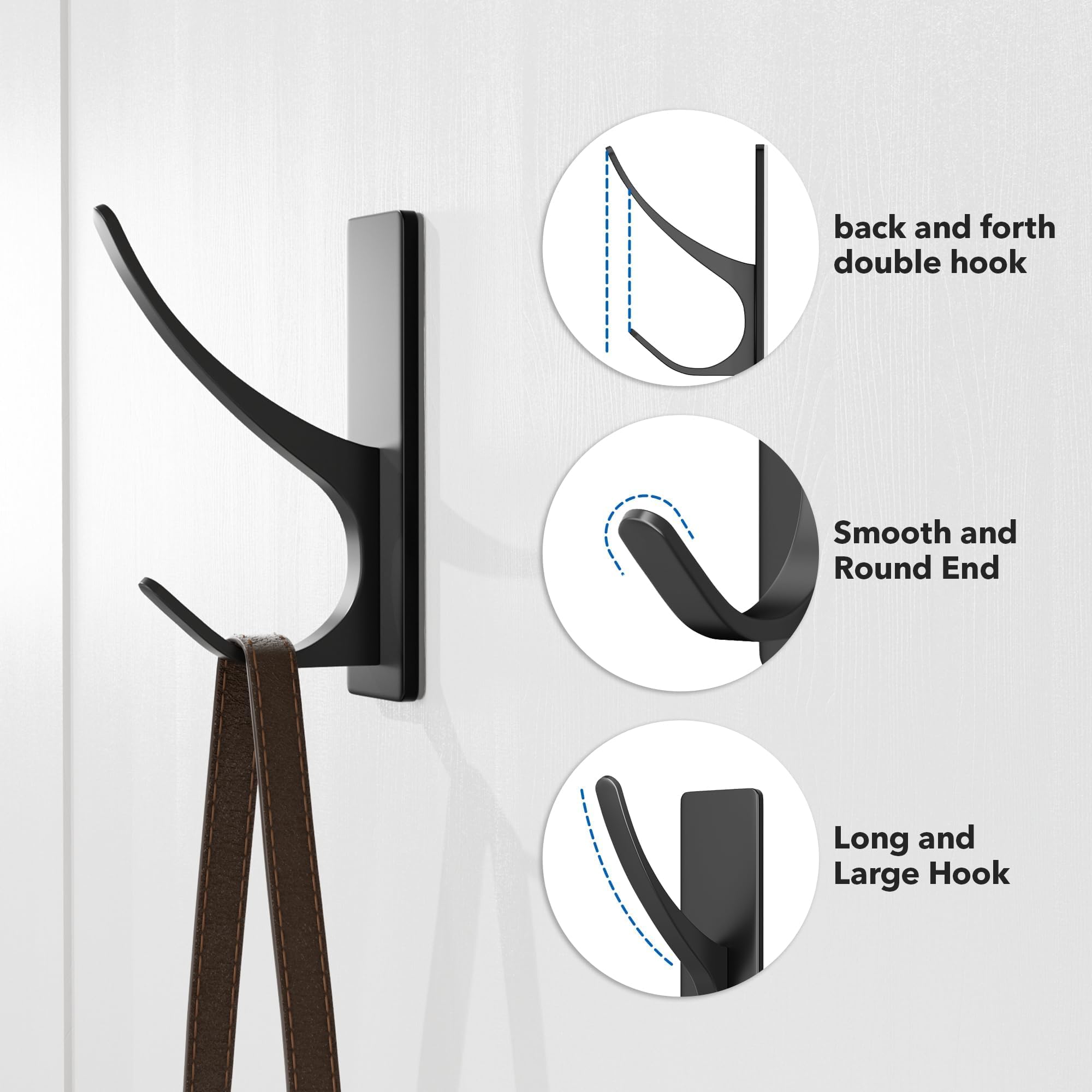 6-Pack Self Adhesive Towel Hooks for Hanging: Heavy Duty Stainless Wall Hook for Coat, Backpack, Hat, Sturdy Metal Hanger for Bathroom, Bedroom, Door, Matt Black