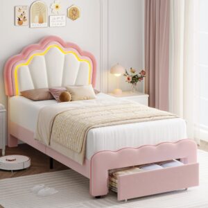 hostack twin upholstered led bed frame with storage drawer, cute girls bed with adjustable lotus headboard, velvet princess platform bed frame, wooden slats support, no box spring needed, pink/beige