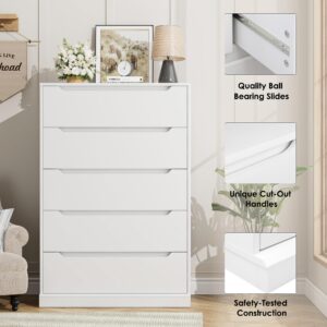 HOSTACK Modern 5 Drawer Dresser for Bedroom, Tall Chest of Drawers with Storage, Large Wood Cloth Storage Organizer with Cut-Out Handle, Accent Storage Cabinet for Living Room, Hallway, Classic White