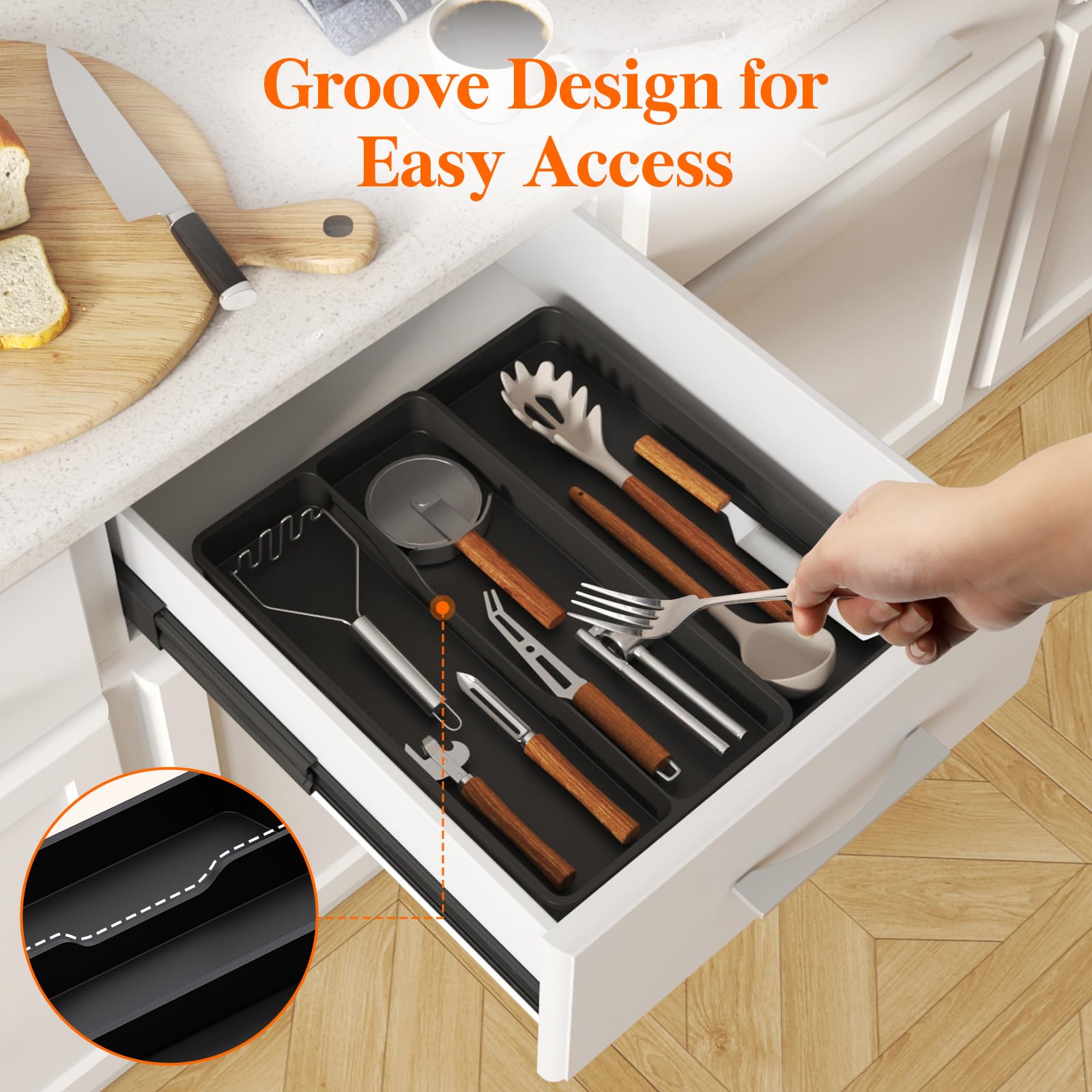 Lifewit Utensil Drawer Organizer, Expandable Cooking Silverware Tray for Kitchen Drawer, Adjustable Cutlery Flatware Holder, Plastic Spatula Tools and Gadgets Storage Divider, 3 Compartments, Black