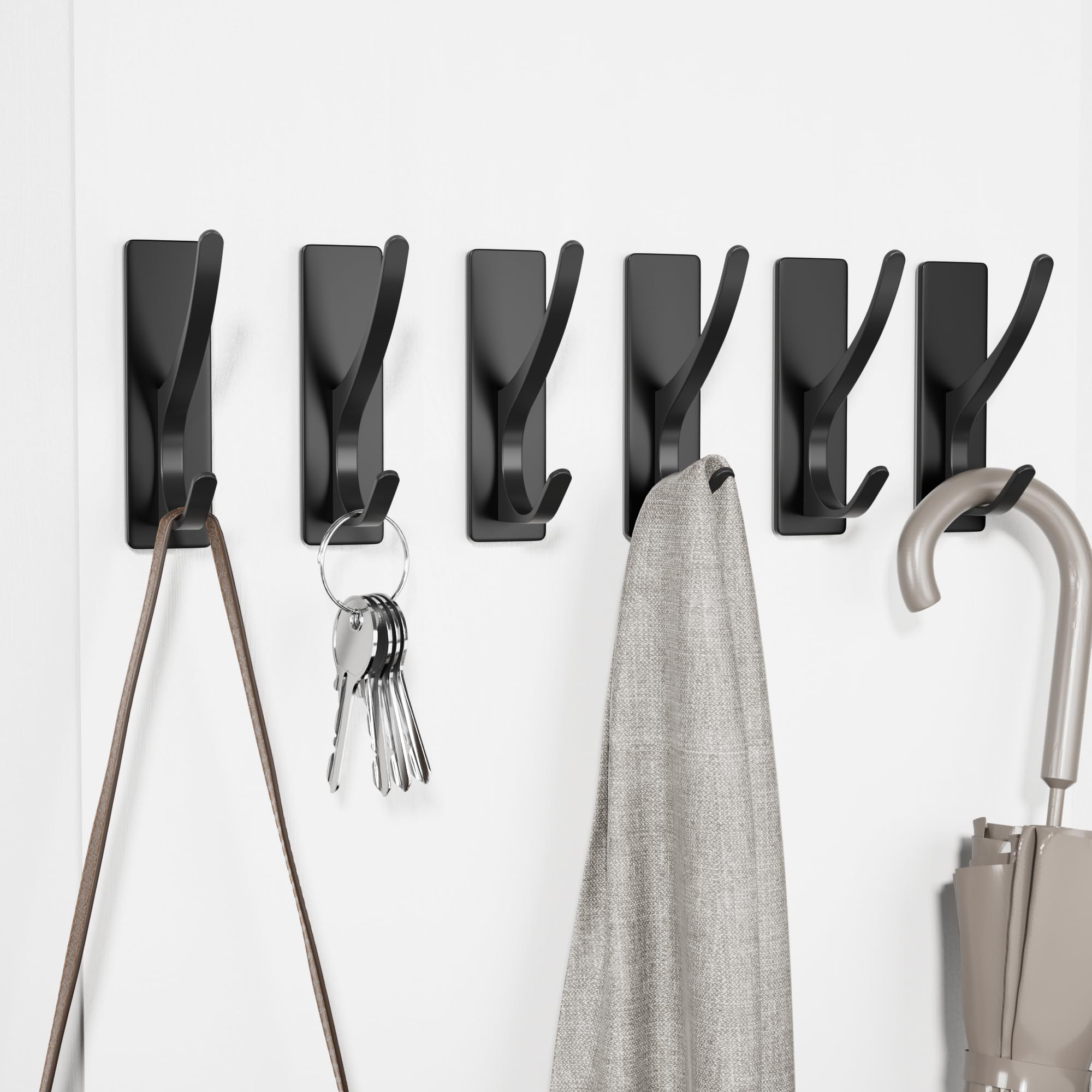 6-Pack Self Adhesive Towel Hooks for Hanging: Heavy Duty Stainless Wall Hook for Coat, Backpack, Hat, Sturdy Metal Hanger for Bathroom, Bedroom, Door, Matt Black