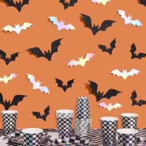 xo, fetti halloween bat wall decor - 50 pcs. | spooky season decoration, haunted house party signs, adhesive bat decor, black and silver backdrop