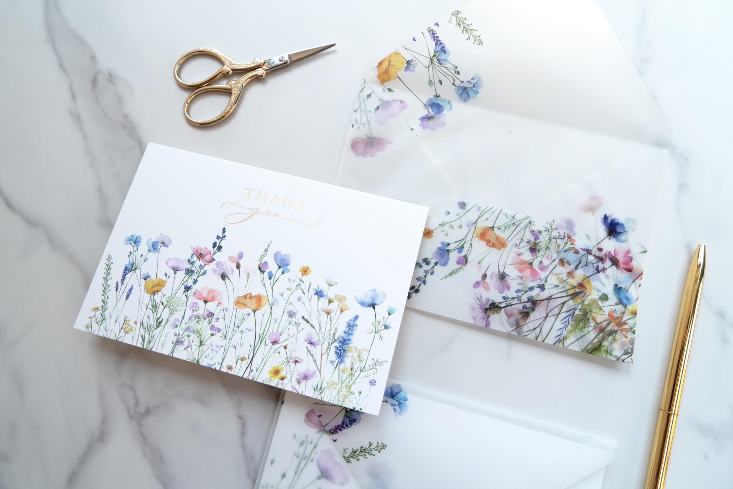 4x6 Meadow Bloom Thank You Cards with Envelopes (Bulk 20-Pack) Matching Vellum Envelopes Assorted Bulk, Watercolor Birthday Party, Baby Shower, Bridal Shower, Weddings, Greeting, Blank Notes Stationary