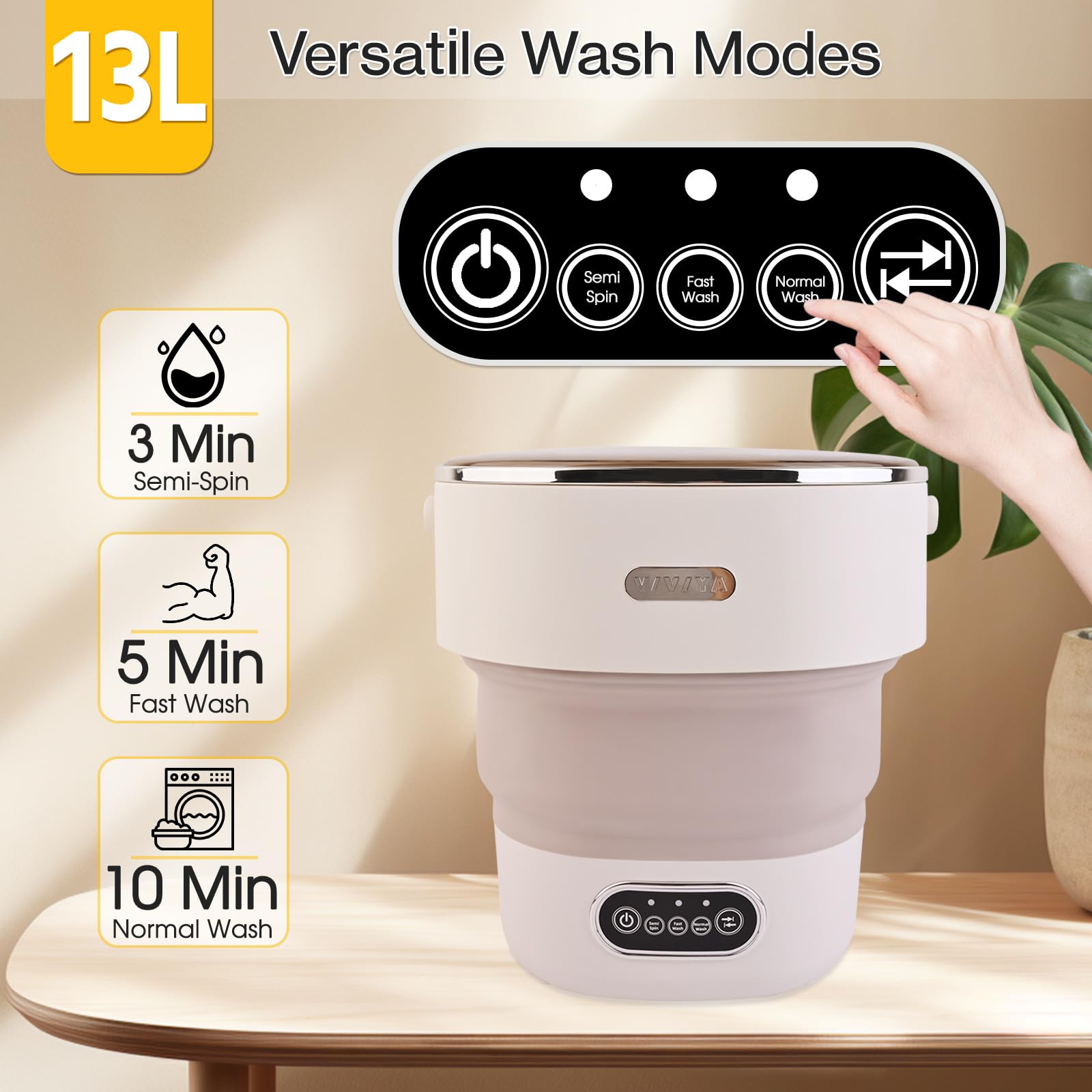 VIVIYA 13L Portable Washing Machine, Mini Foldable Washer with Spin Basket and 2 Wash Bags, Ideal for Underwear, Socks, Baby Clothes and Shoes - Perfect for Apartments, Travel and Hotels (Cream)