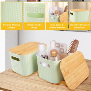 2 Packs Storage Bins with Bamboo Lids,Plastic Stackable Storage Containers,Storage Box Storage Baskets Lidded Organizer Bins for Shelves Drawers Desktop Closet Playroom Classroom Office (Green)