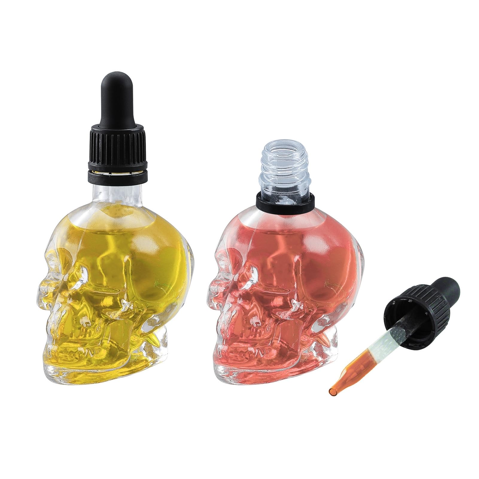 Gaussra Skull Glass Dropper Bottle with Funnel & Labels - 2 Pack - 2 oz Small Empty Eye Dropper Bottle - For Aromatherapy Refillable Essential Oil, Beauty Oil Mix, Beard Oil, Flavor Oil Dispenser