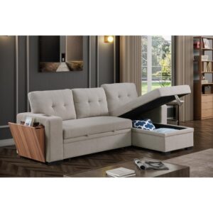 Devion Furniture Fabric Reversible Modern Side Compartment Sleeper Sectional Sofa Bed Light Gray