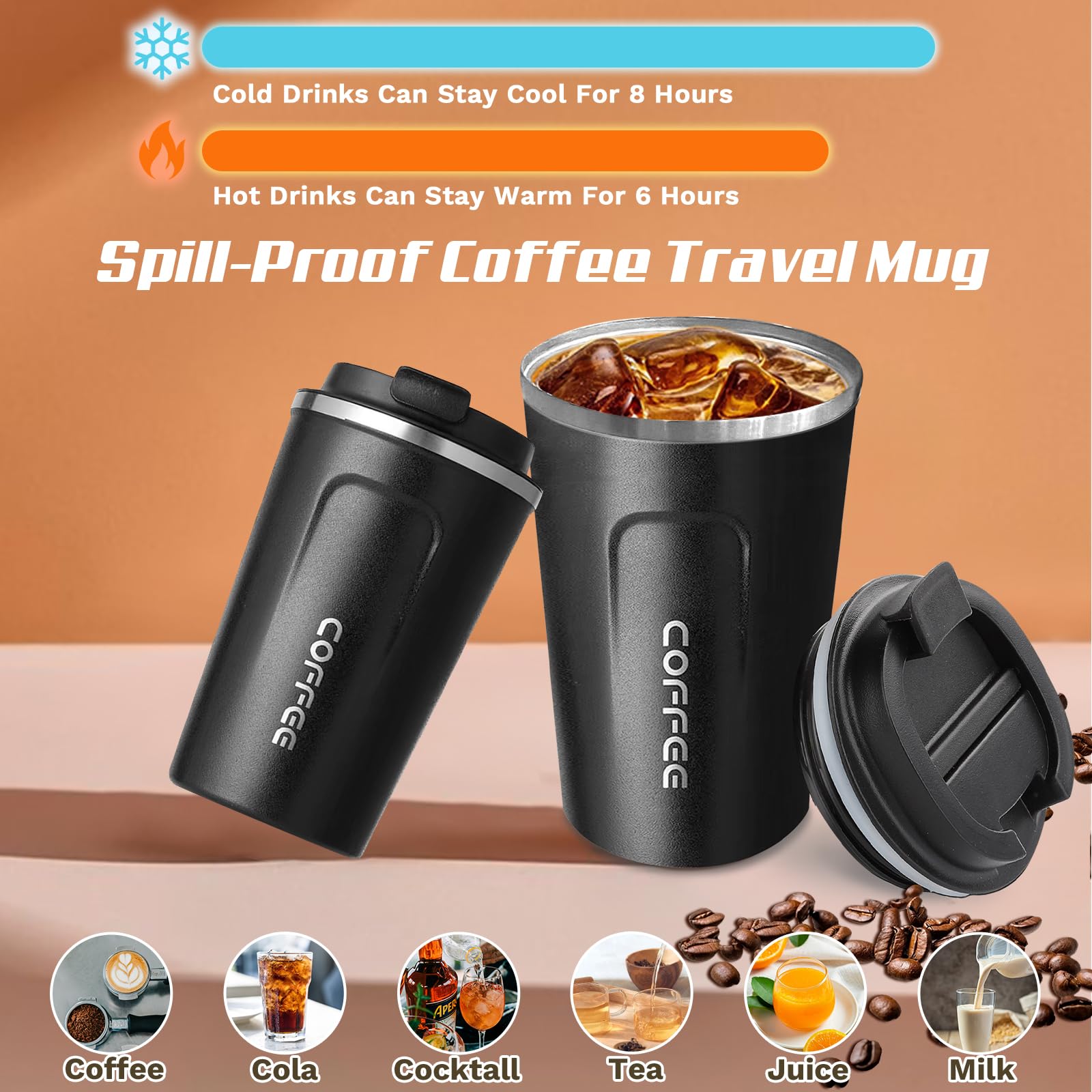 Travel coffee mugs spill-proof and leak-proof, reusable coffee cups with lids, stainless steel vacuum thermos coffee tumblers,thermal insulation cups for men and women hot & cold drinks