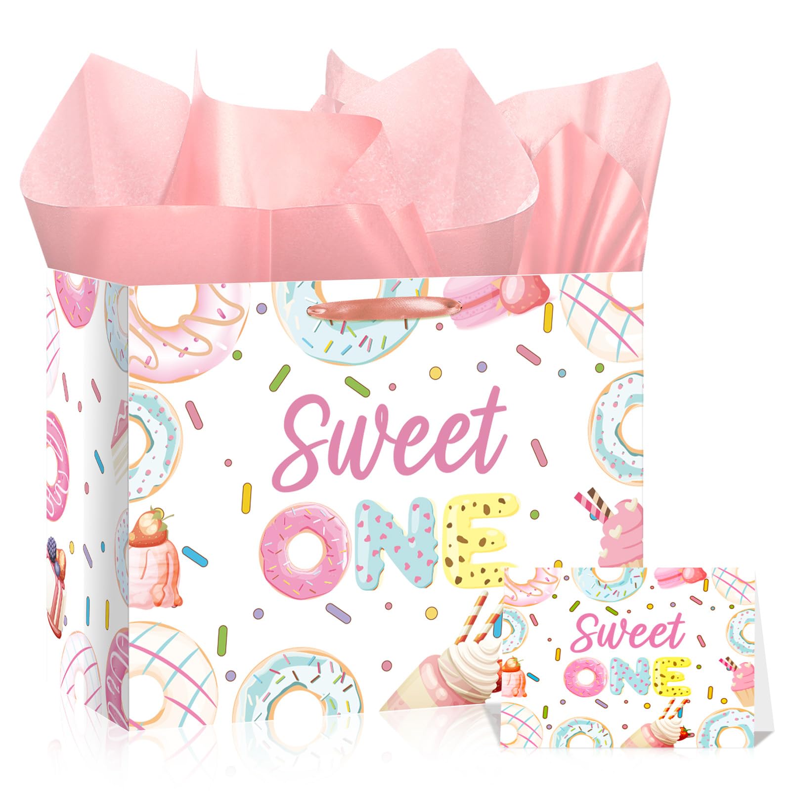 Wayyogh Sweet One Gift Bag 1st Birthday Wrap Bag for Girls First Birthday Wrapping Paper Bag with Greeting Card Tissue Paper for Donuts One Year Old Girl Ice Cream Candy Baby Shower Party Supplies