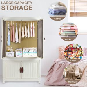 FozsKeylf Stackable Closet Storage Bins, Collapsible Clothes Organizers, Portable Wardrobe Closet with Lids and Doors, Movable Clothes Storage with Coat Hangers, White