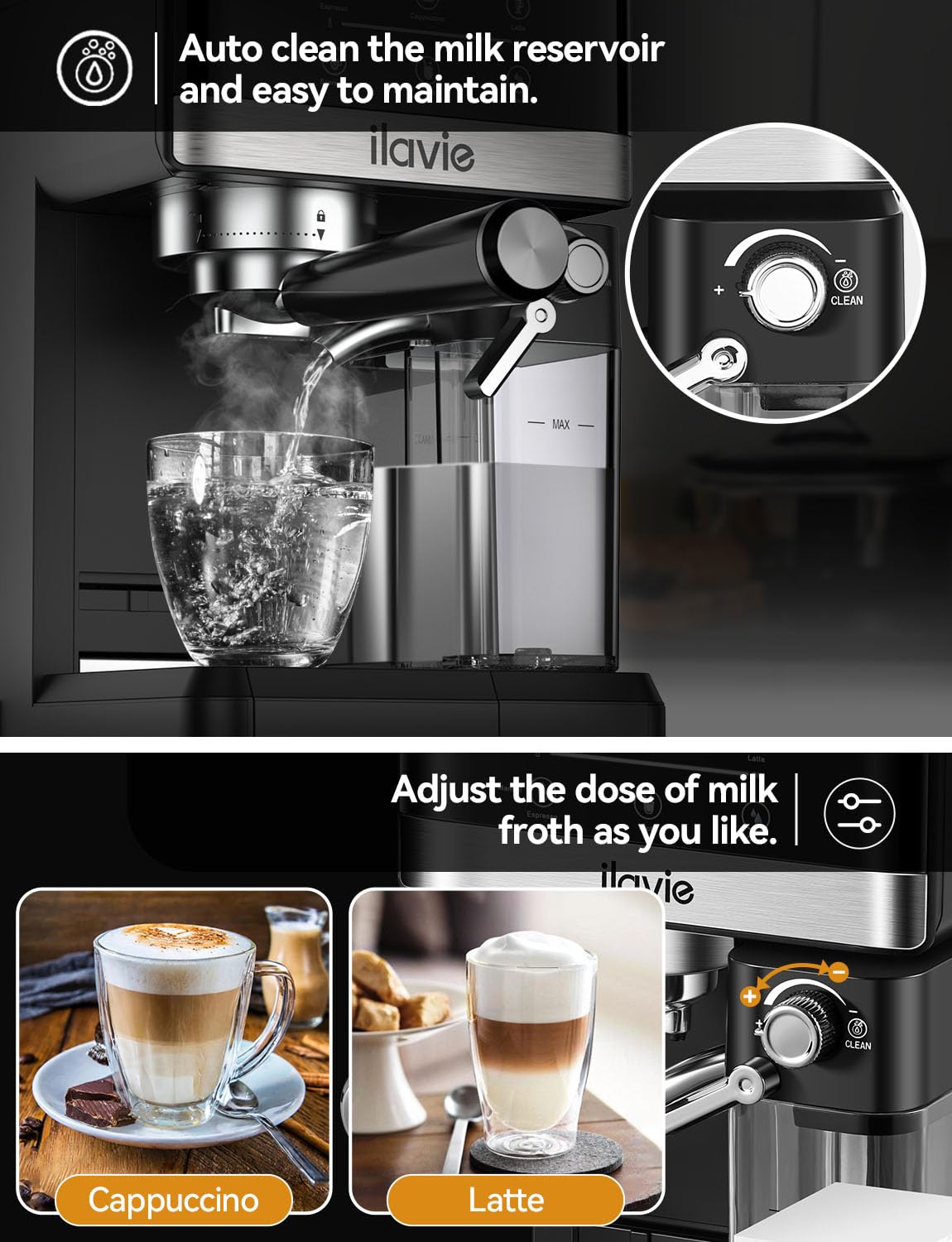 ILAVIE Espresso Machine Cappuccino Latte Coffee Espresso Maker, Auto Milk Frother for Smooth Milk Bubbles, Detachable Milk reservoir, 20 Bar High Pressure