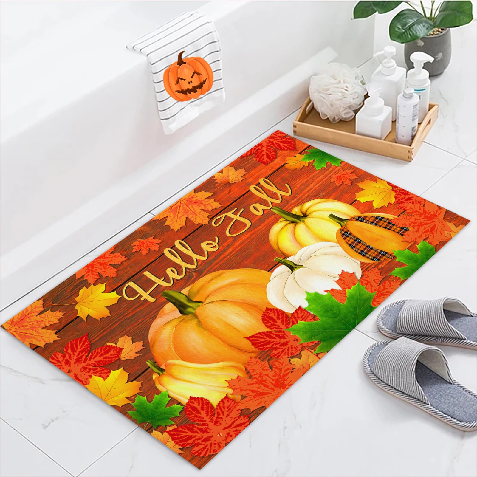 Hello Fall Welcome Mat for Front Maple Leaf Pumpkin Doormat Non-Slip Entrance Mat for Home Bedroom Living Room Outside Yard Floor Patio 17.9" x 29.9"