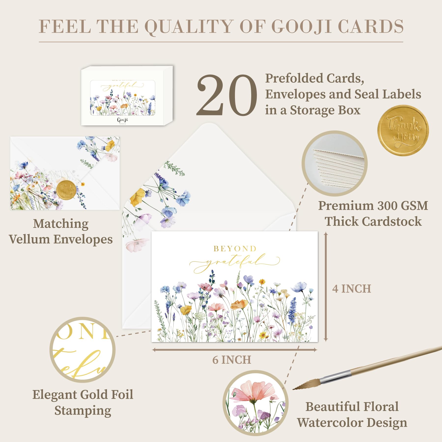 Gooji 4x6 Meadow Bloom Beyond Grateful Thank You Cards, Bridal Shower, Wedding, Baby Shower, Birthday, Small Business (Bulk 20 Pack) Vellum Envelopes