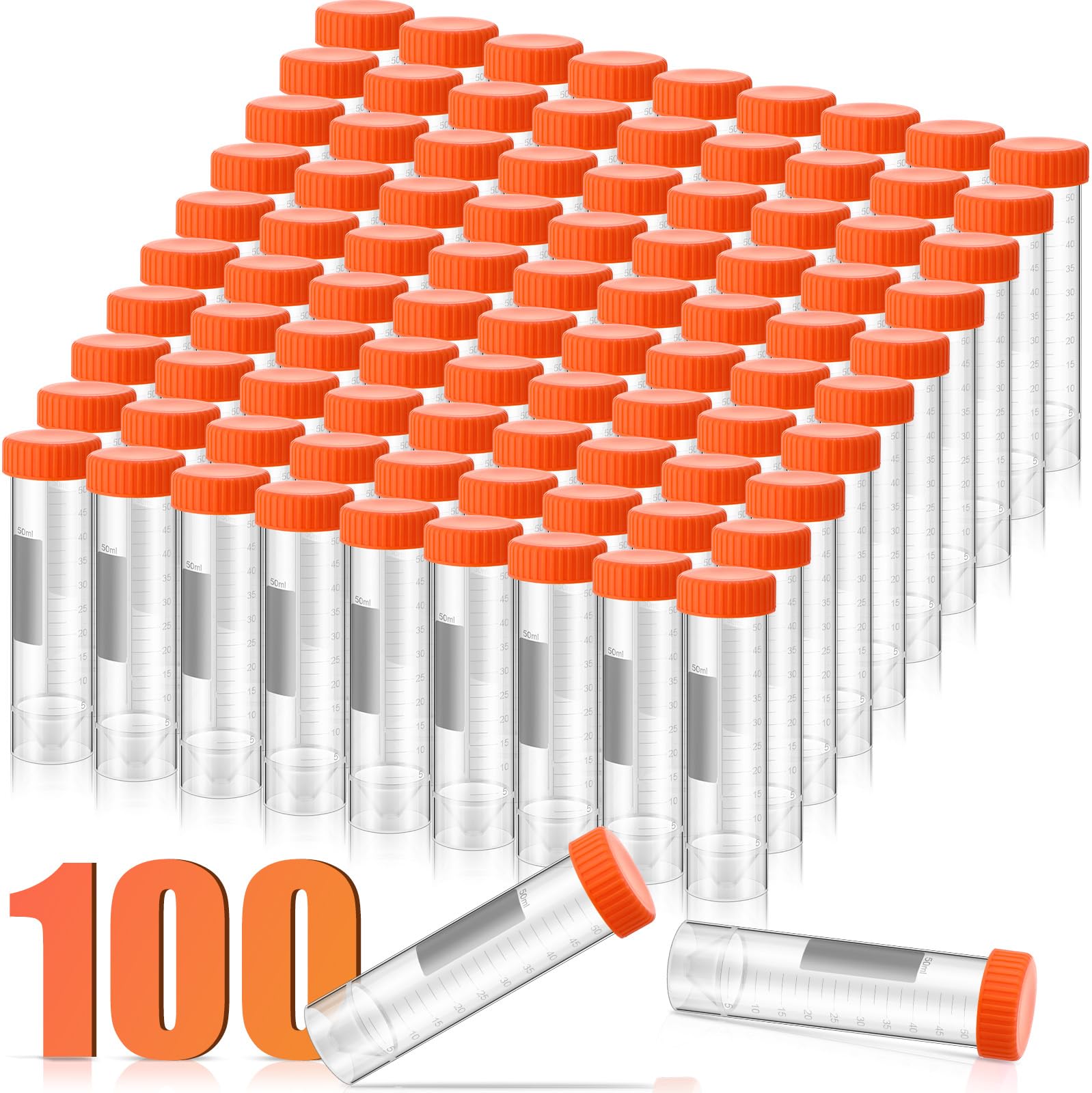 Xuhal 100 Pack 50ml Self Standing Centrifuge Tubes 28 x 116 mm Plastic Test Tubes with Caps Skirted Conical Tubes Vials with Screw Cap, Graduated Marks for Science Experiments, Liquids, Party Supplies