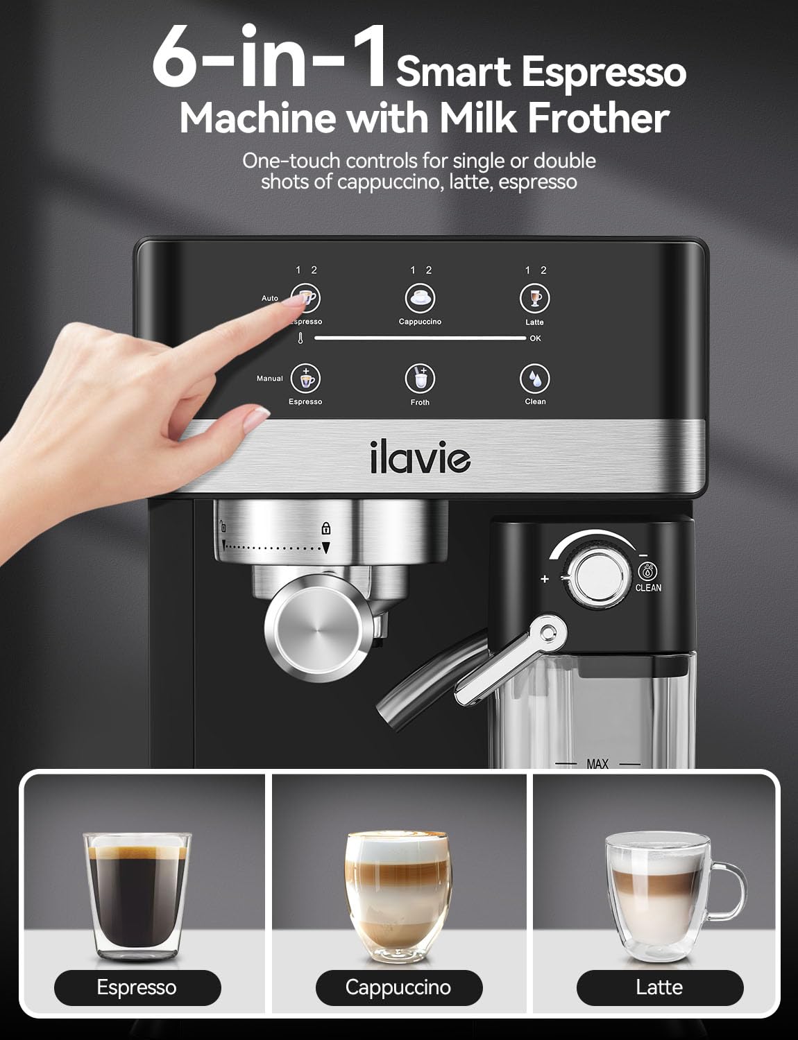 ILAVIE Espresso Machine Cappuccino Latte Coffee Espresso Maker, Auto Milk Frother for Smooth Milk Bubbles, Detachable Milk reservoir, 20 Bar High Pressure