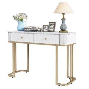 OIOG Console Tables for Entryway, Marble Grain Sofa Table with Stroage, Makeup Dressing Table, Modern Entryway Table with 2 Drawers for Living Room, Hallway, Foyer, Bedroom, White and Gold