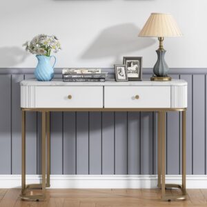 OIOG Console Tables for Entryway, Marble Grain Sofa Table with Stroage, Makeup Dressing Table, Modern Entryway Table with 2 Drawers for Living Room, Hallway, Foyer, Bedroom, White and Gold