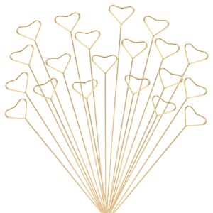 lloussak 20pcs flower card holder stick, 11.8'' wire floral card holder picks heart shape gold place card holders, picture sticks clips for table bouquet wedding party gift card photo