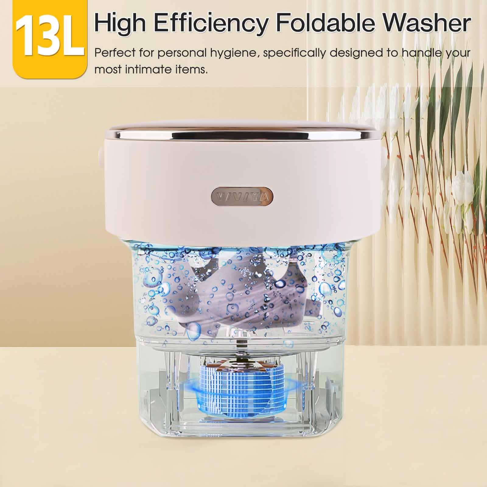 VIVIYA 13L Portable Washing Machine, Mini Foldable Washer with Spin Basket and 2 Wash Bags, Ideal for Underwear, Socks, Baby Clothes and Shoes - Perfect for Apartments, Travel and Hotels (Cream)