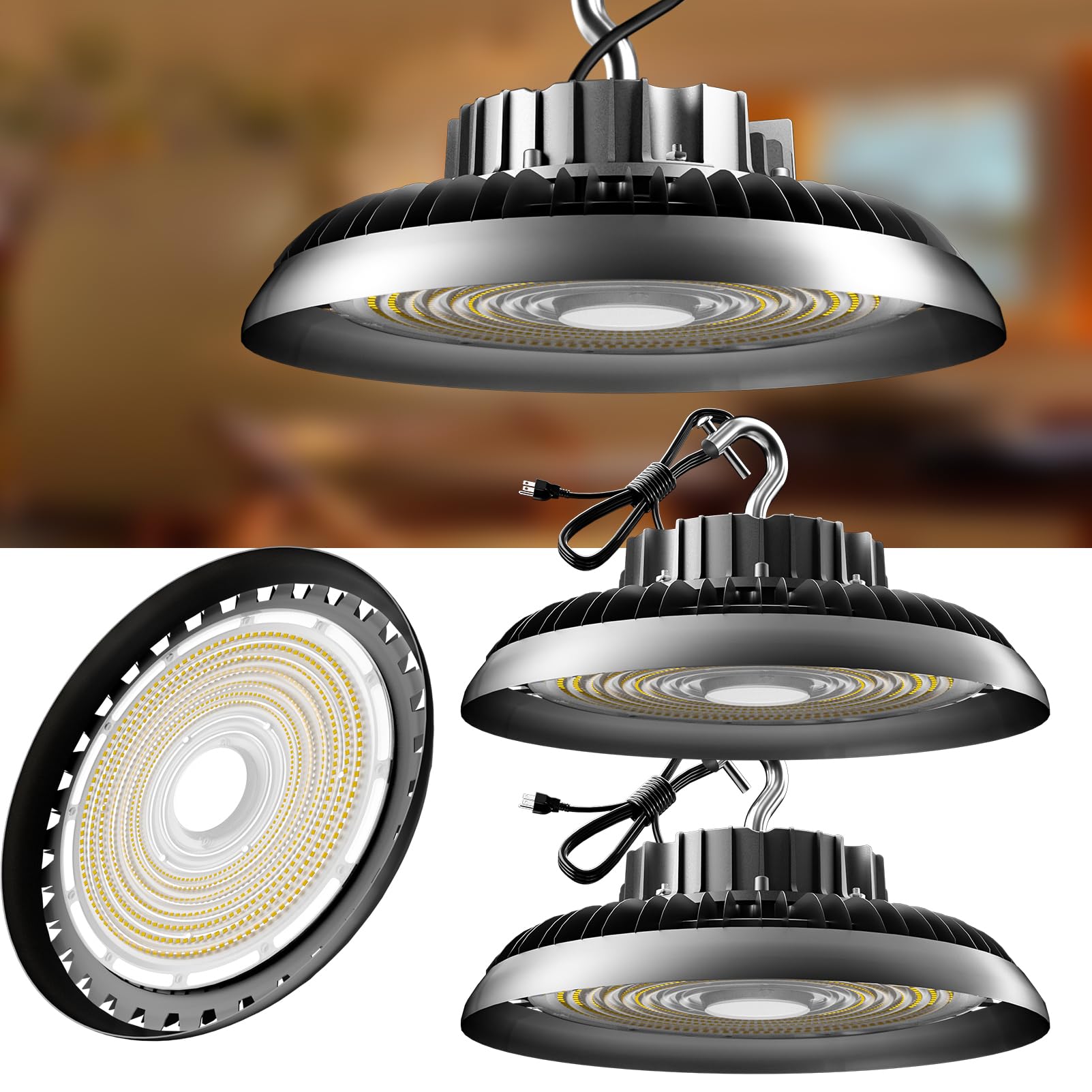 LED High Bay Light 400W（480x1W LED） 60000lm High Bay LED Lights, 5000K High Bay LED Shop Lights with US Plug, AC100-277V UFO Commercial Bay Lighting for 30-55FT Height -2Pack