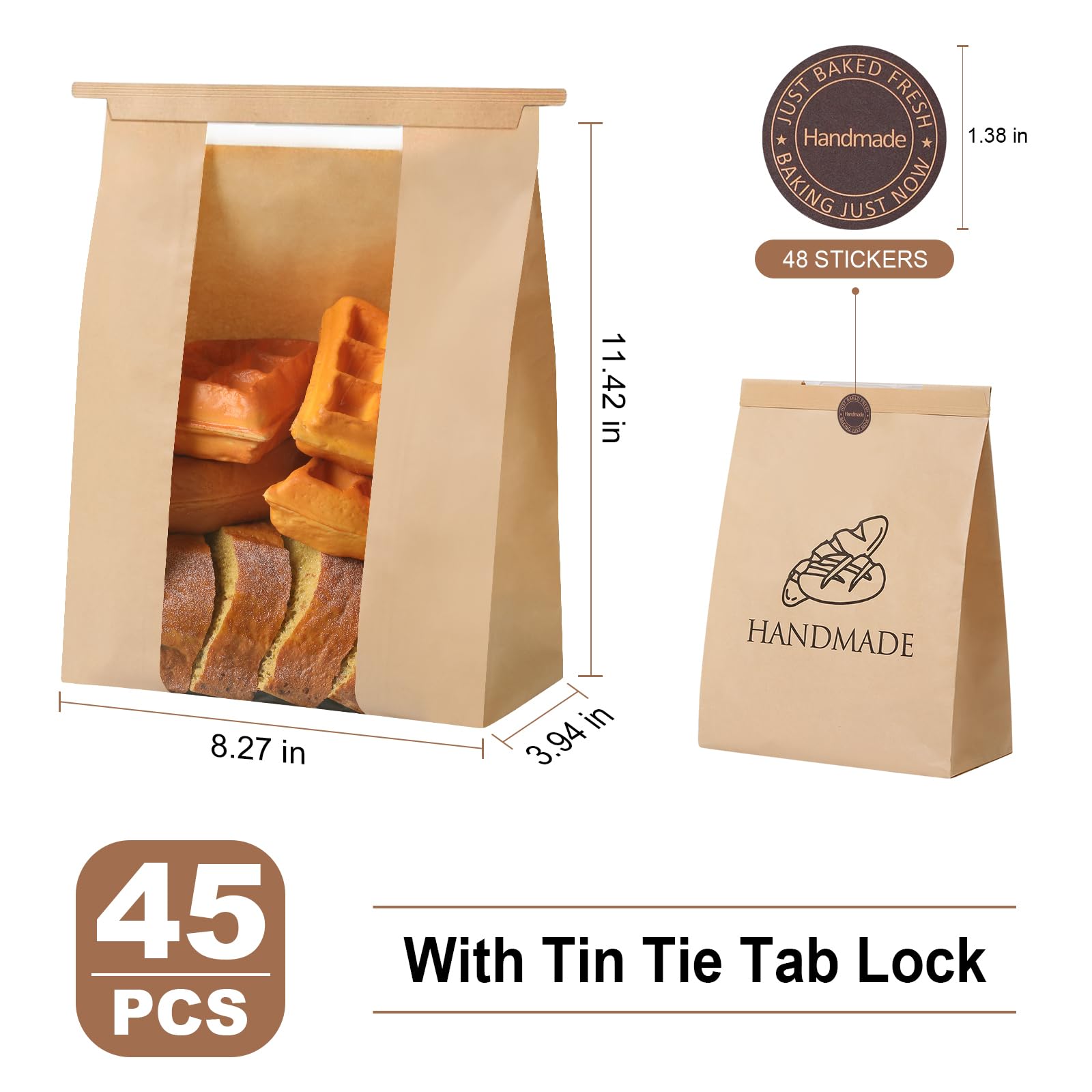 45 Pack Paper Bread Bags for Homemade Bread,Tin Tie Tab Lock Sourdough Bread Baking Bag,Large Loaf Bag with Clear Window for Bread Packaging Storage,48 Label Seal Stickers Use for Bakery Paper Bags