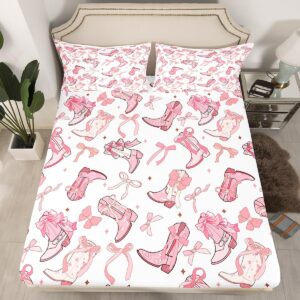 cowgirl fitted sheet twin size,western cowboy boots pink bowknots bed sheet with 1 pillowcase,dreamy fairy tale princess starry pink white soft decorative fabric bedding,room gift