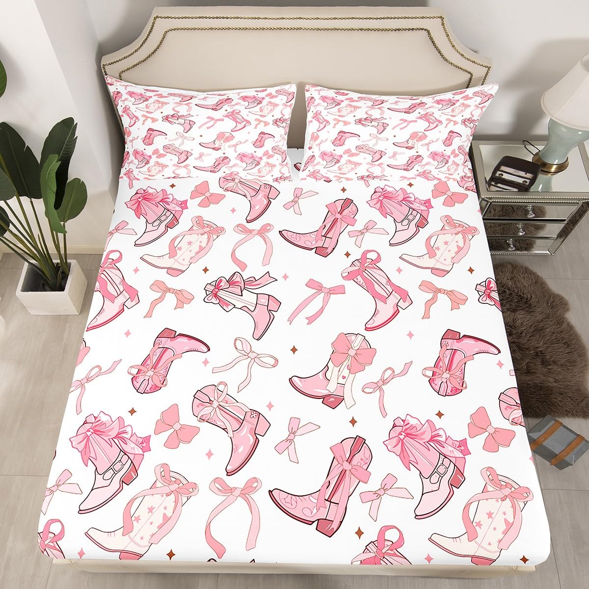 Cowgirl Fitted Sheet Twin Size,Western Cowboy Boots Pink Bowknots Bed Sheet with 1 Pillowcase,Dreamy Fairy Tale Princess Starry Pink White Soft Decorative Fabric Bedding,Room Gift