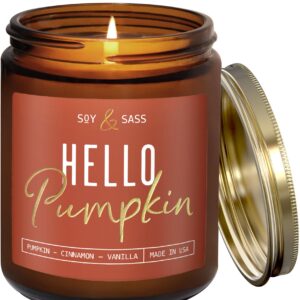 Pumpkin Spice Candle, Fall Candles - 'Hello Pumpkin' Pumpkin Candle, Autumn Scented Soy Candles for Home, Fall Scented Candles for Home, Fall Home Décor, 9oz Reusable Jar, 50Hr Burn, Made in USA