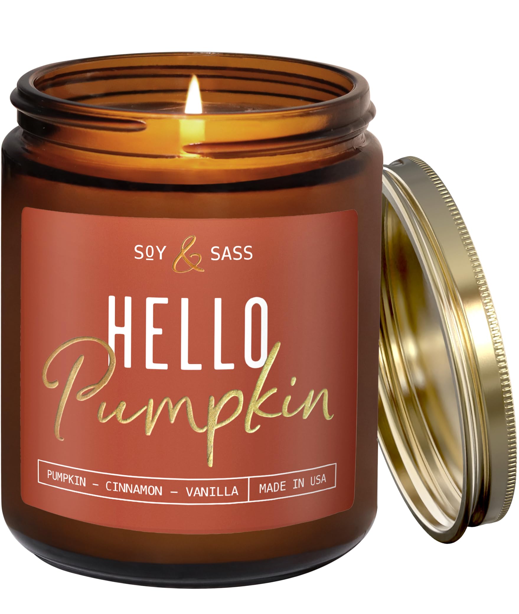 Pumpkin Spice Candle, Fall Candles - 'Hello Pumpkin' Pumpkin Candle, Autumn Scented Soy Candles for Home, Fall Scented Candles for Home, Fall Home Décor, 9oz Reusable Jar, 50Hr Burn, Made in USA