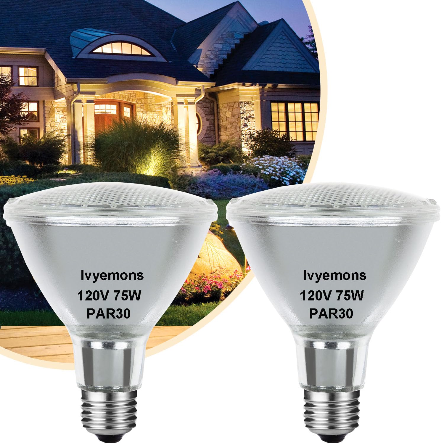 Ivyemons PAR30 Long Neck Halogen 75W 120V - 2 Pack PAR30 75W 120V Flood Bulb Warm White 2800K, PAR30 Dimmable E26 Base, High Output 800LM 75W PAR30 Halogen Bulb for Tracking Light, Recessed Light