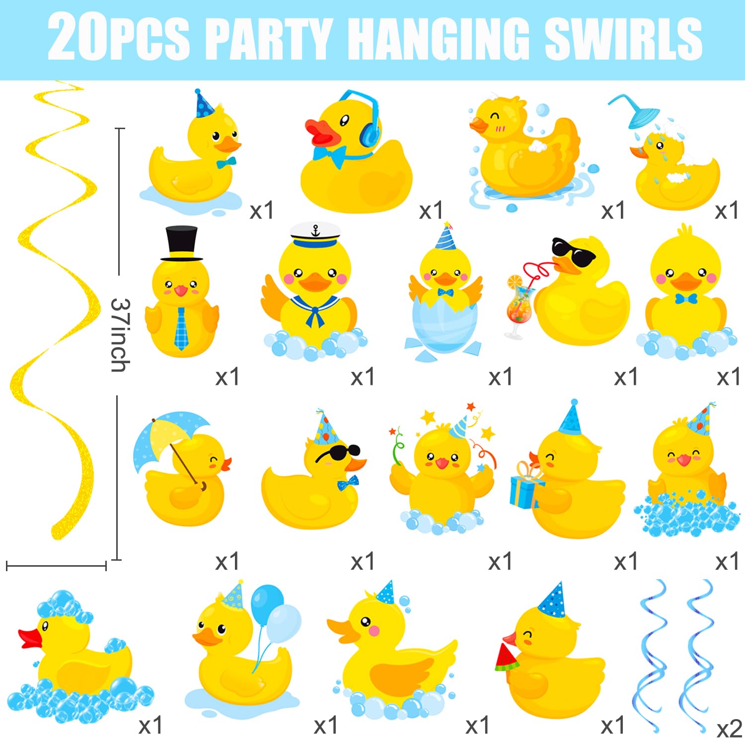 Rubber Duck Hanging Swirls 20Pcs Duck Birthday Party Hanging Decorations Rubber Duck Ceiling Swirls Duck Party Streamers for Duck Themed Baby Shower Birthday Party Supplies